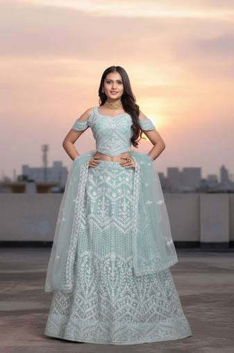 Blue Net Embroidered Lehenga Choli Set With Dupatta And Blouse Piece