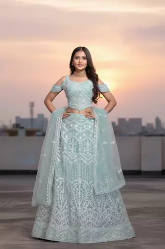 Women's Blue Net Embroidered Semi-Stiched Lehenga Choli Set With Dupatta And Unstiched Blouse Piece