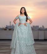 Blue Net Embroidered Lehenga Choli Set With Dupatta And Blouse Piece