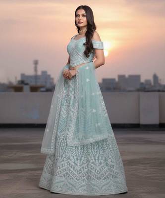Blue Net Embroidered Lehenga Choli Set With Dupatta And Blouse Piece 2