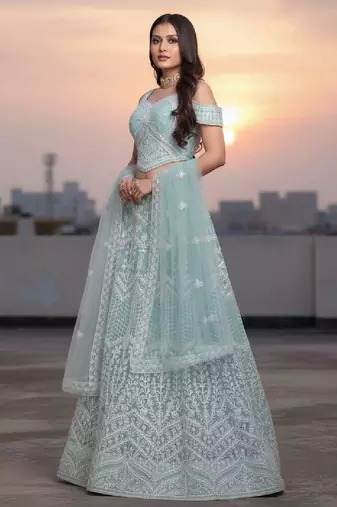 Blue Net Embroidered Lehenga Choli Set With Dupatta And Blouse Piece