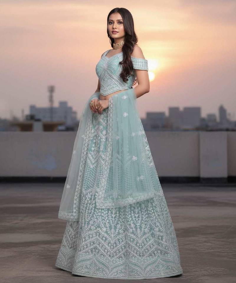 Blue Net Embroidered Lehenga Choli Set With Dupatta And Blouse Piece