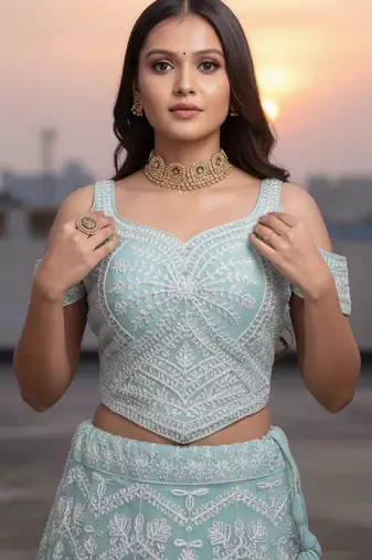 Blue Net Embroidered Lehenga Choli Set With Dupatta And Blouse Piece
