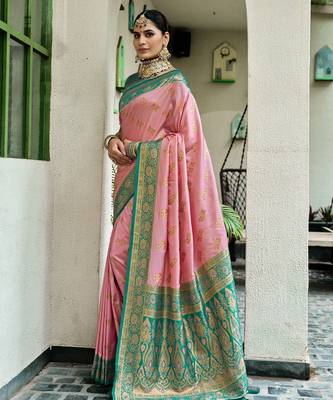 Pink rama silk blend with woven saree with unstitched blouse piece 2