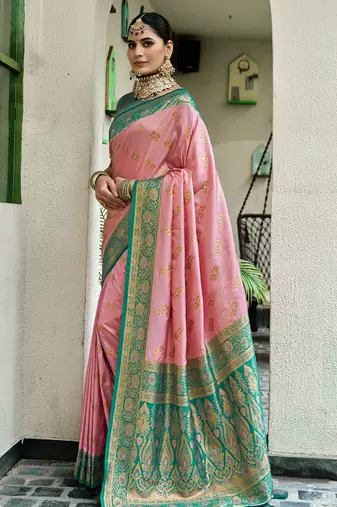 Pink rama silk blend with woven saree with unstitched blouse piece