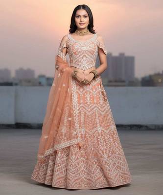 Orange Net Embroidered Lehenga Choli Set With Dupatta And Blouse Piece 1