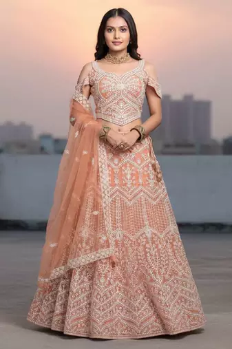 Orange Net Embroidered Lehenga Choli Set With Dupatta And Blouse Piece