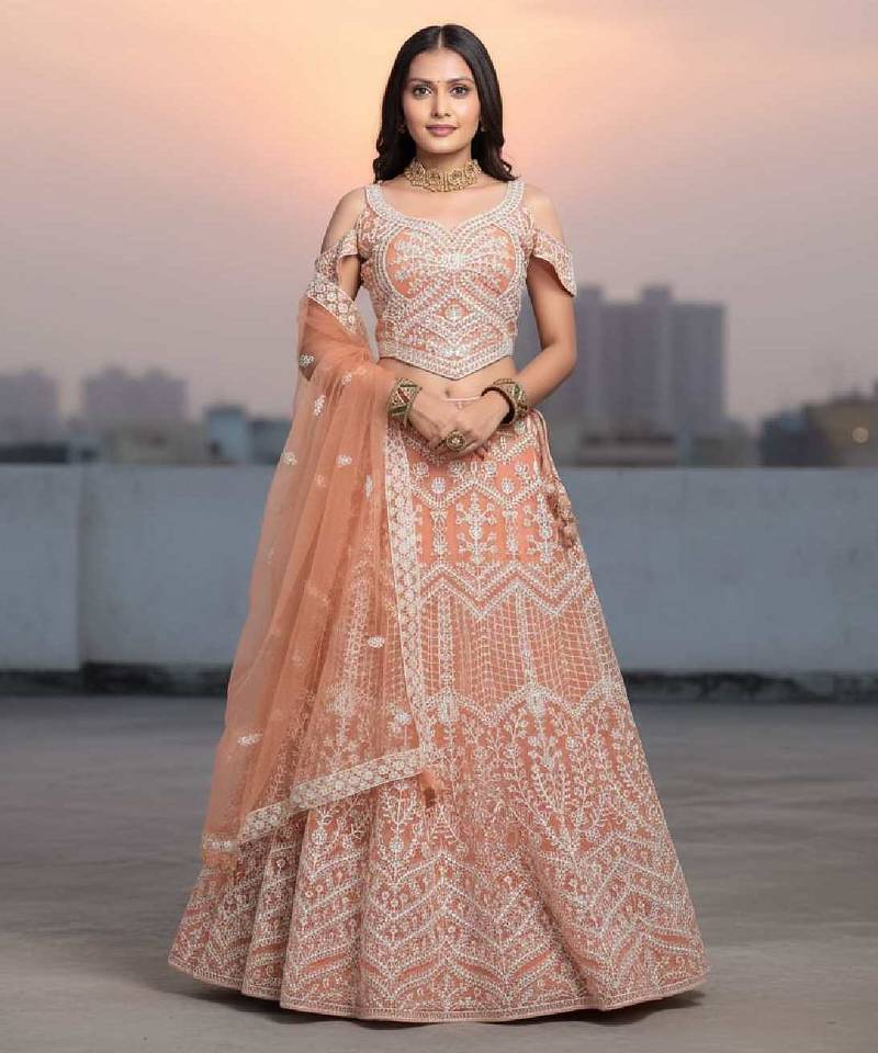 Orange Net Embroidered Lehenga Choli Set With Dupatta And Blouse Piece