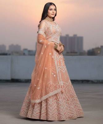 Orange Net Embroidered Lehenga Choli Set With Dupatta And Blouse Piece 2