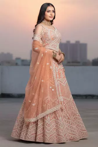 Orange Net Embroidered Lehenga Choli Set With Dupatta And Blouse Piece