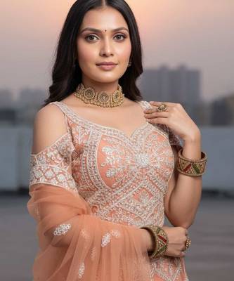 Orange Net Embroidered Lehenga Choli Set With Dupatta And Blouse Piece 3
