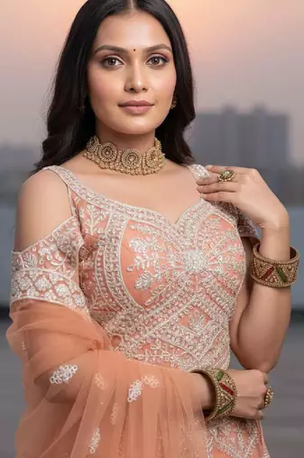 Orange Net Embroidered Lehenga Choli Set With Dupatta And Blouse Piece