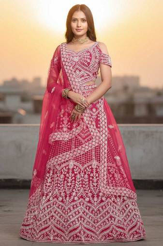 Pink Net Embroidered Lehenga Choli Set With Dupatta And Blouse Piece