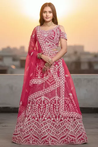 Pink Net Embroidered Lehenga Choli Set With Dupatta And Blouse Piece
