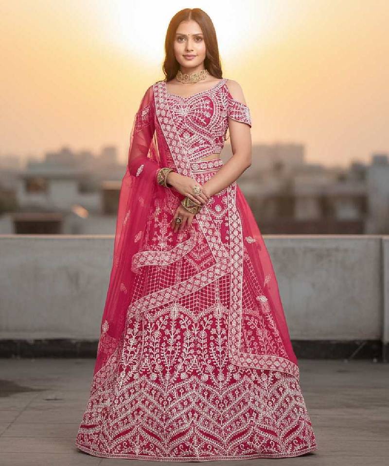 Women's Pink Net Embroidered Semi-Stiched Lehenga Choli Set With Dupatta And Unstiched Blouse Piece