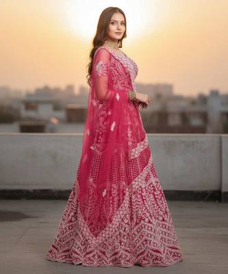 Pink Net Embroidered Lehenga Choli Set With Dupatta And Blouse Piece 2