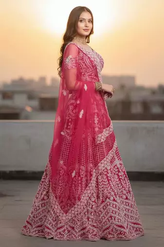 Pink Net Embroidered Lehenga Choli Set With Dupatta And Blouse Piece