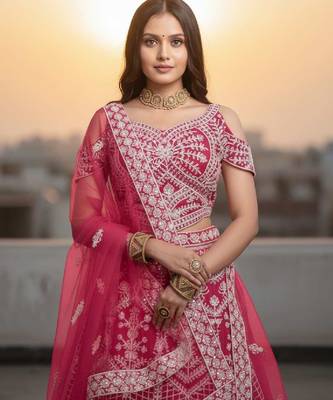 Pink Net Embroidered Lehenga Choli Set With Dupatta And Blouse Piece 3