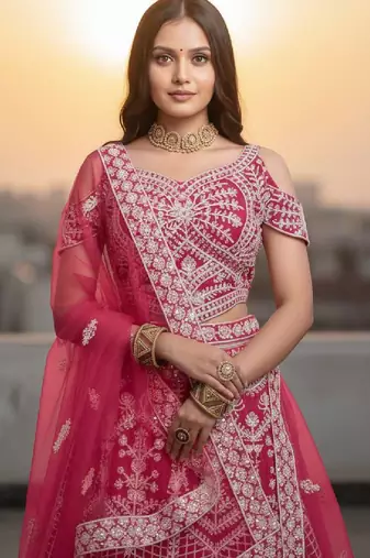 Pink Net Embroidered Lehenga Choli Set With Dupatta And Blouse Piece