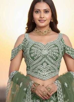 Mehendi Net Embroidered Lehenga Choli Set With Dupatta And Blouse Piece 2