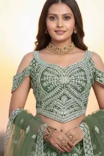 Mehendi Net Embroidered Lehenga Choli Set With Dupatta And Blouse Piece