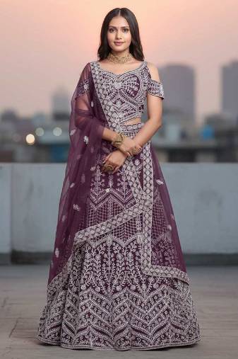Wine Net Embroidered Lehenga Choli Set With Dupatta And Blouse Piece