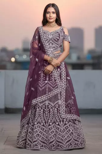 Wine Net Embroidered Lehenga Choli Set With Dupatta And Blouse Piece