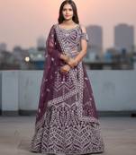Wine Net Embroidered Lehenga Choli Set With Dupatta And Blouse Piece