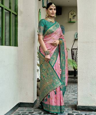 Pink rama silk blend with woven saree with unstitched blouse piece 3