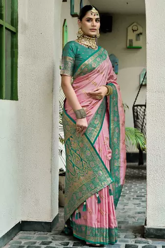 Pink rama silk blend with woven saree with unstitched blouse piece