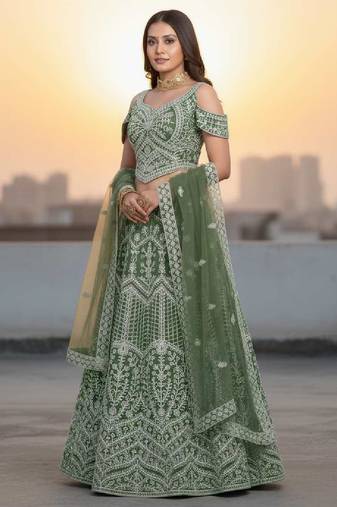 Mehendi Net Embroidered Lehenga Choli Set With Dupatta And Blouse Piece