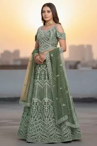 Mehendi Net Embroidered Lehenga Choli Set With Dupatta And Blouse Piece