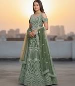 Mehendi Net Embroidered Lehenga Choli Set With Dupatta And Blouse Piece