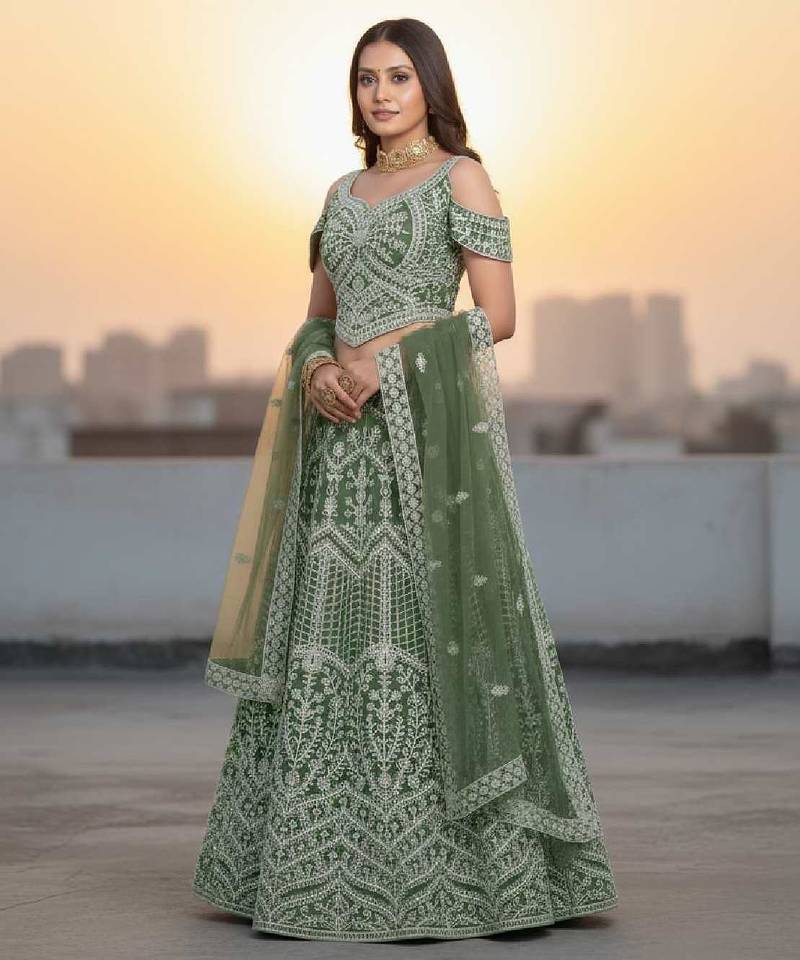 Women's Mehendi Net Embroidered Semi-Stiched Lehenga Choli Set With Dupatta And Unstiched Blouse Piece