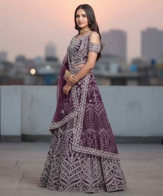 Wine Net Embroidered Lehenga Choli Set With Dupatta And Blouse Piece 2