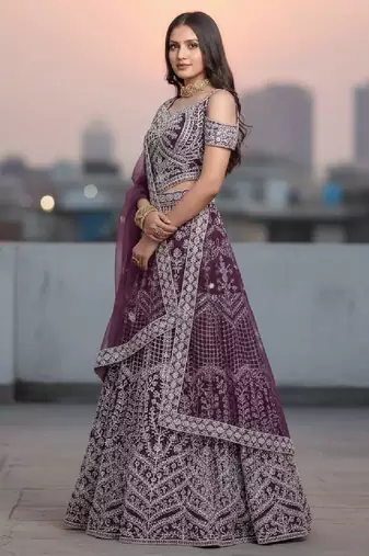 Wine Net Embroidered Lehenga Choli Set With Dupatta And Blouse Piece