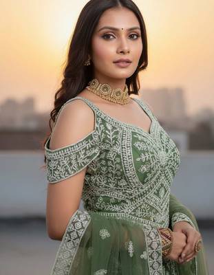 Mehendi Net Embroidered Lehenga Choli Set With Dupatta And Blouse Piece 3