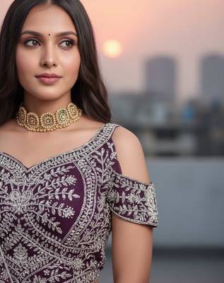 Wine Net Embroidered Lehenga Choli Set With Dupatta And Blouse Piece 3