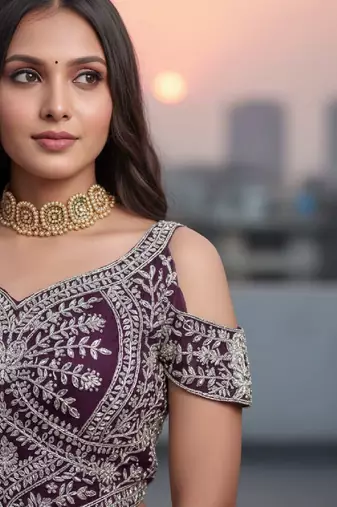 Wine Net Embroidered Lehenga Choli Set With Dupatta And Blouse Piece