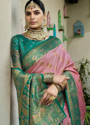 Pink rama silk blend with woven saree with unstitched blouse piece 4