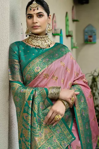 Pink rama silk blend with woven saree with unstitched blouse piece