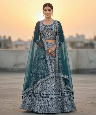 Teal Blue Net Embroidered Lehenga Choli Set With Dupatta And Blouse Piece 1