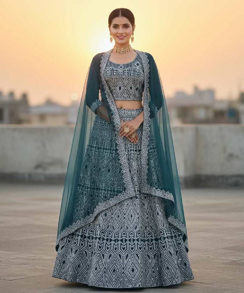 Women's Teal Blue Net Embroidered Semi-Stiched Lehenga Choli Set With Dupatta And Blouse Piece
