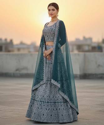 Teal Blue Net Embroidered Lehenga Choli Set With Dupatta And Blouse Piece 2