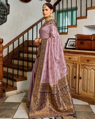 Lavender silk blend with woven saree with unstitched blouse piece 2