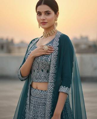Teal Blue Net Embroidered Lehenga Choli Set With Dupatta And Blouse Piece 3