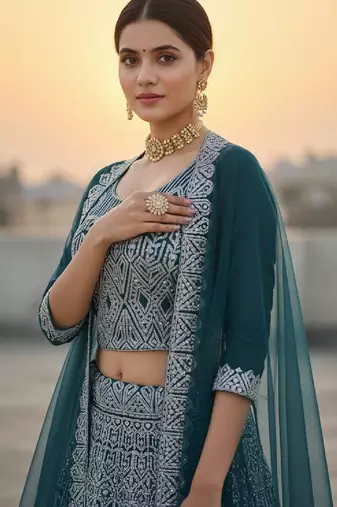Teal Blue Net Embroidered Lehenga Choli Set With Dupatta And Blouse Piece