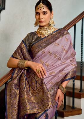 Lavender silk blend with woven saree with unstitched blouse piece 3