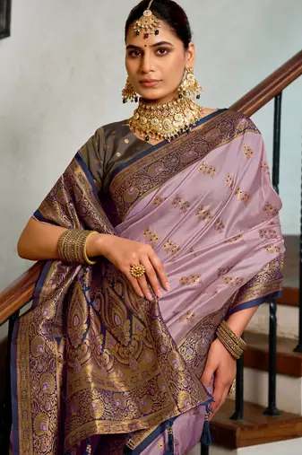 Lavender silk blend with woven saree with unstitched blouse piece