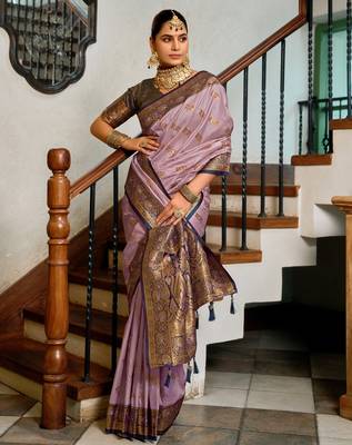 Lavender silk blend with woven saree with unstitched blouse piece 5